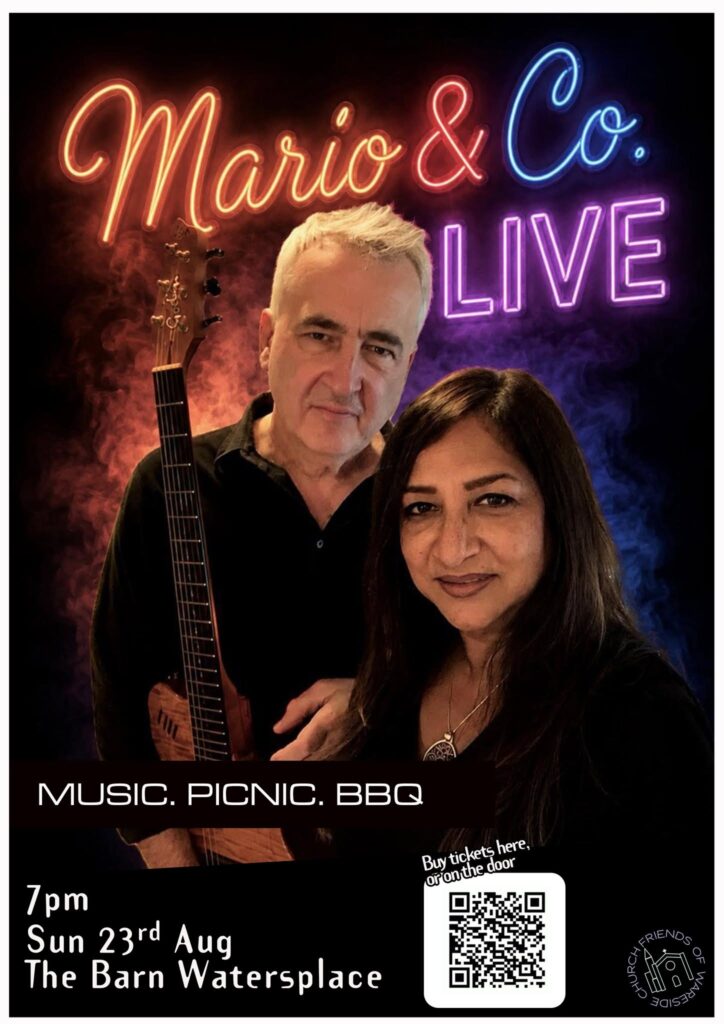 A man holding a guitar standing with a woman. Also text, "Mario & Co. Live. Music. Picnic. BBQ. 7pm Sun 23rd Aug The Barn Watersplace"
